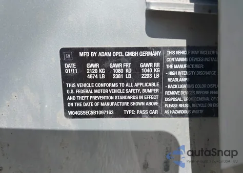 2011 Buick Regal Cxl Russelsheim из США, поврежденный, VIN W04GS5EC5B1097163